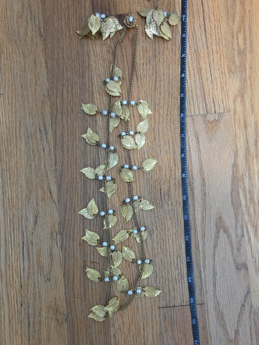 Miriam Haskell Gold Leaf and Pearl Drop Necklace And Clip Earrings